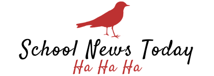 Logo for SchoolNewsToday.com shows red mockingbird and words School News Today Ha ha ha in red and black school font